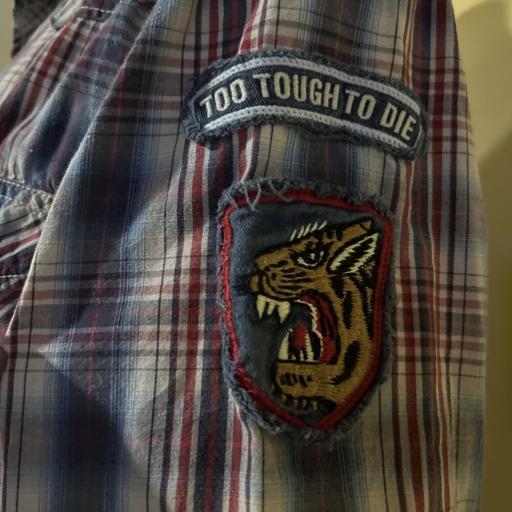 VTG Lucky Brand Western Shirt Womens M Cowgirl Pearl Snap Plaid Tiger Patch - Picture 3 of 16